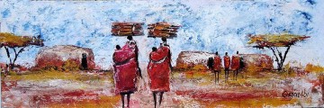 Ogambi Tragen Holz und Kinder zu Manyatta mit Textur Ölgemälde